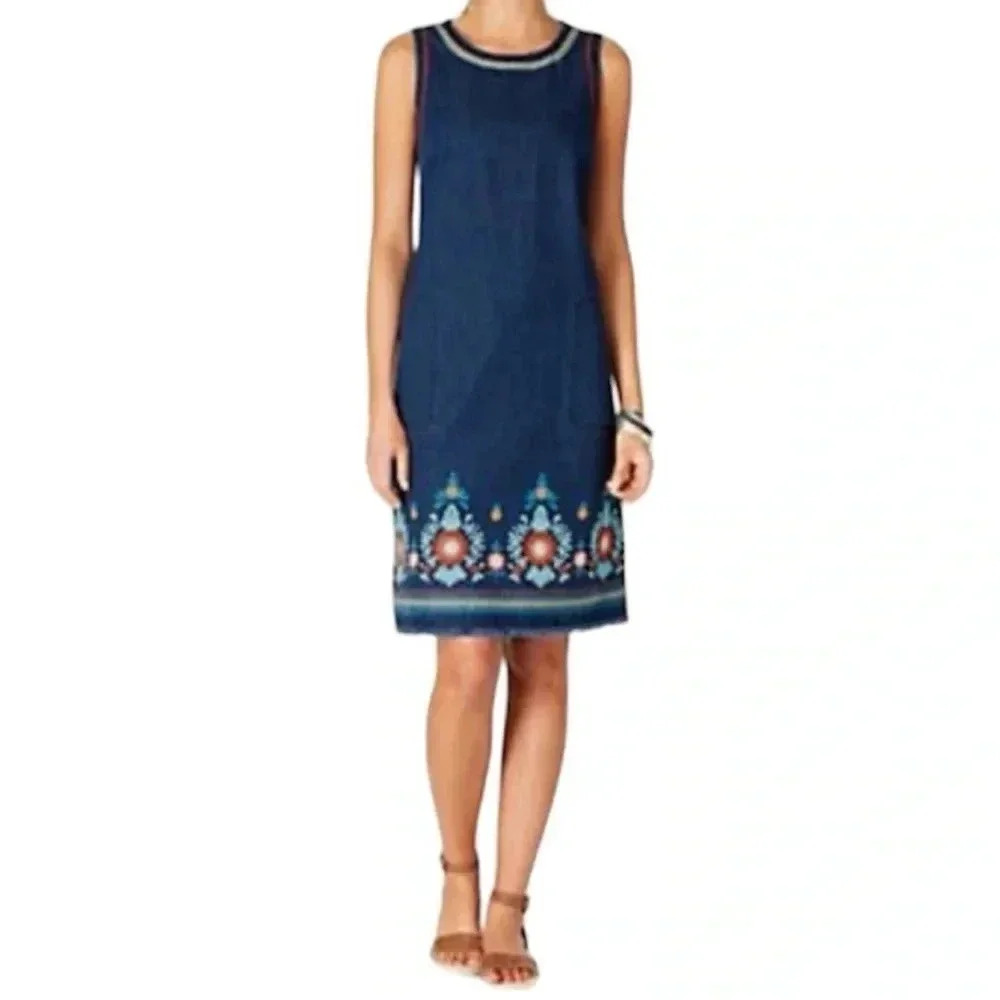 J.JILL DENIM Malibu Shift Dress Floral Embroidery Pockets 100% Cotton Size XS